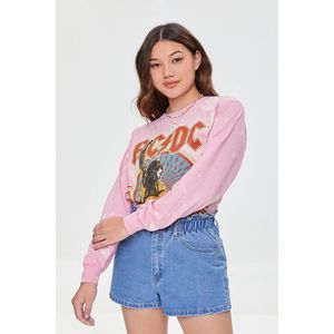 ACDC x Forever 21 Tshirt Pink Bleach Wash Cotton Graphic Long Sleeve Tee Size SM